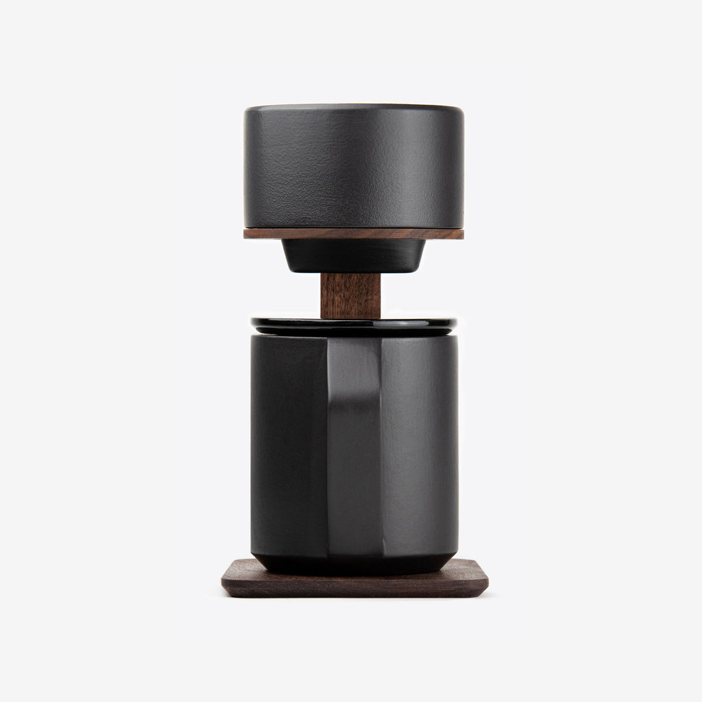 Pour-Over Coffee Maker in Walnut Wood and Black Ceramics by Wolf Miu