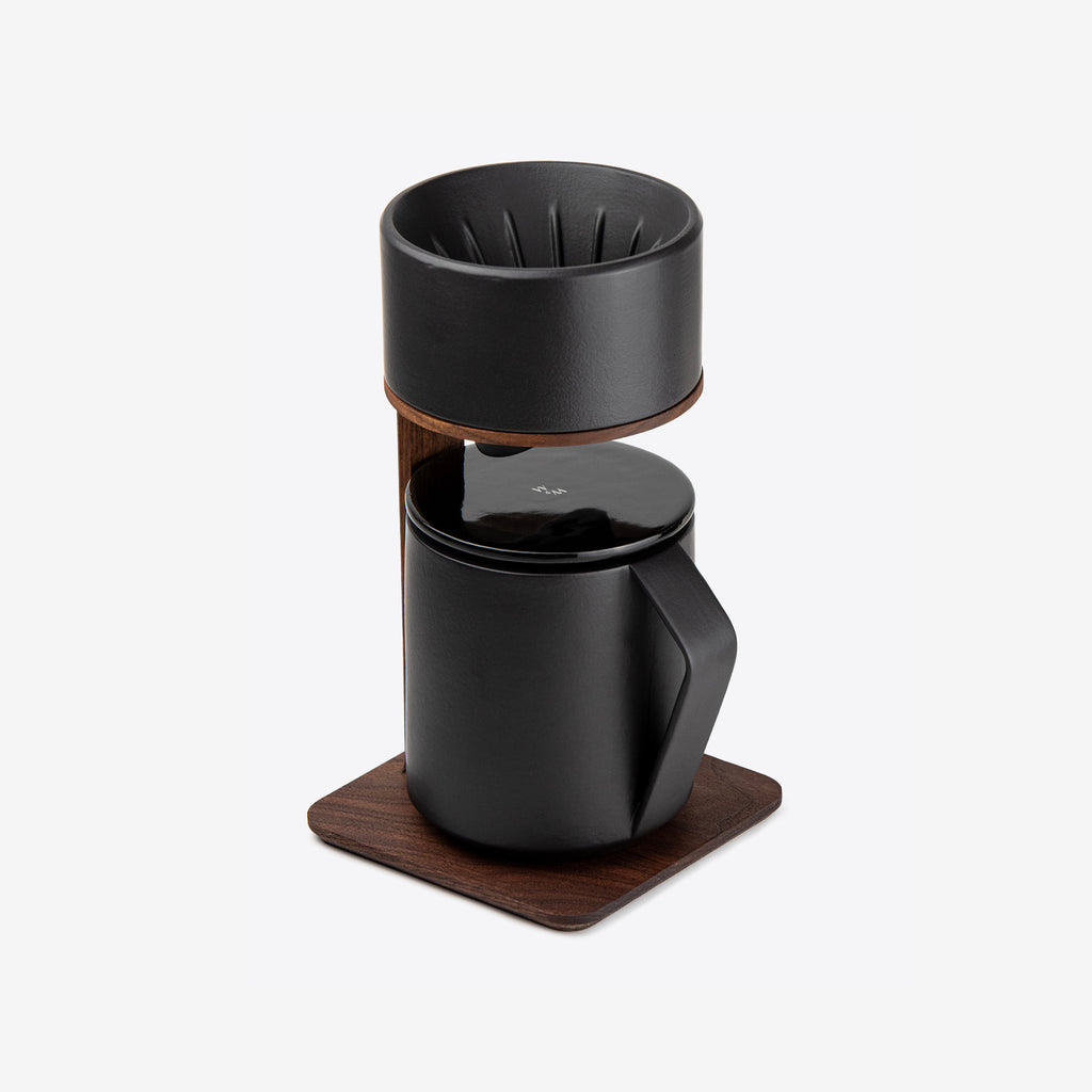 Pour-Over Coffee Maker in Walnut Wood and Black Ceramics by Wolf Miu