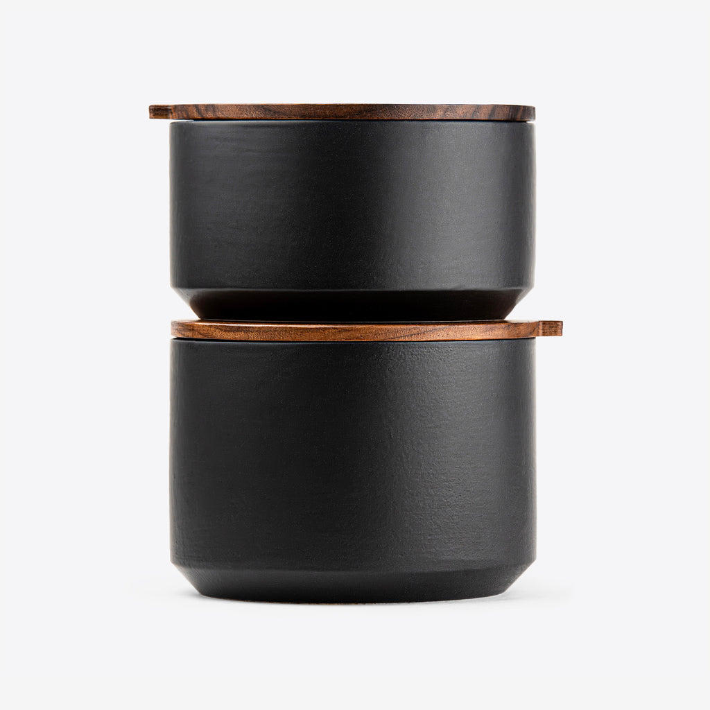 Canister in black ceramics and walnut wood lid by Wolf Miu