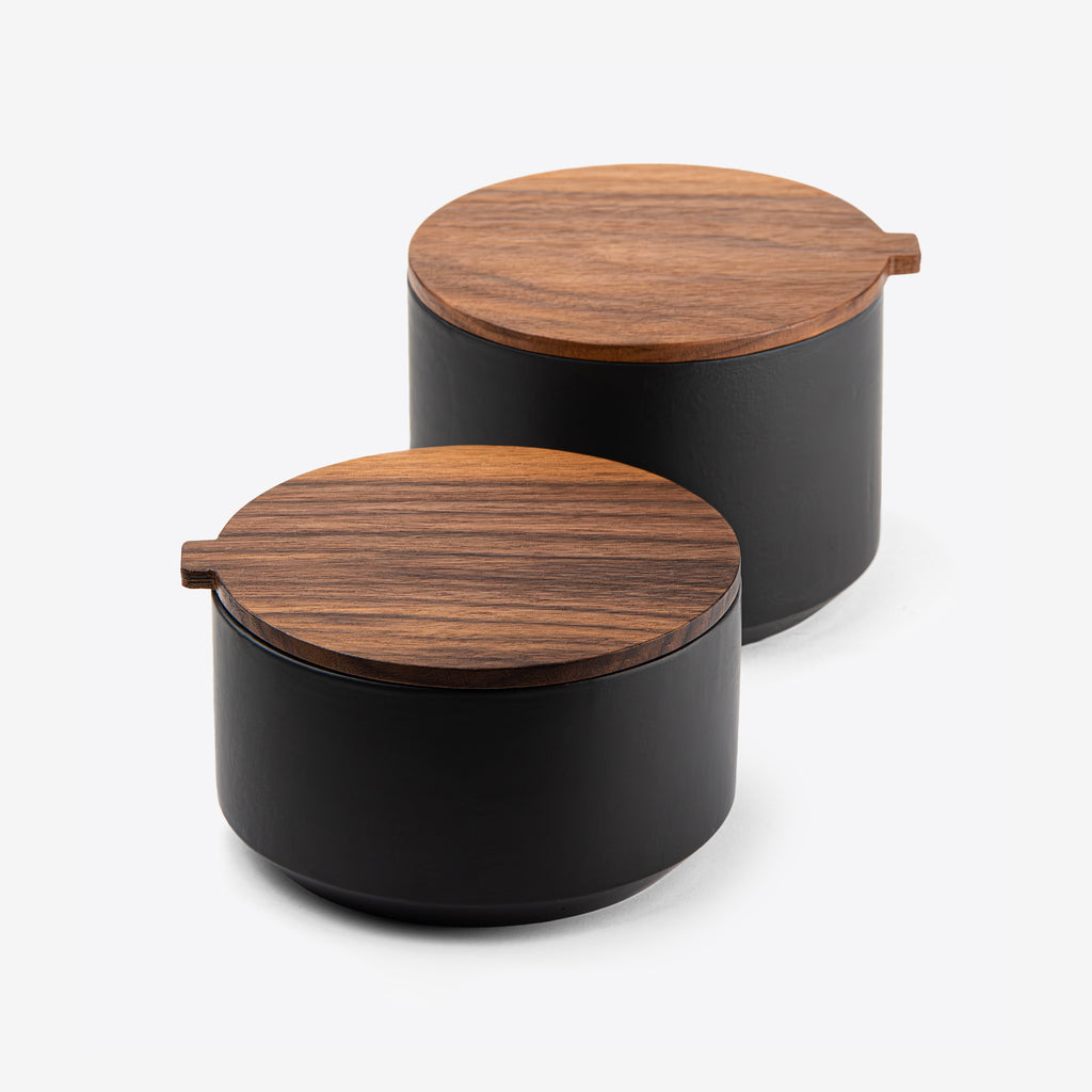 Canister in black ceramics and walnut wood lid by Wolf Miu